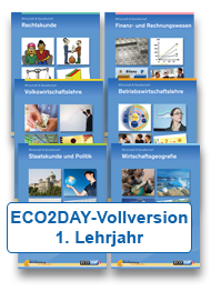 ECO2DAY-Vollversion «Wirtschaft und Gesellschaft»<br />für Lernende im 1. Lehrjahr<br />Lizenzdauer: 3 Jahre<br />(inkl. Seminargutschein über 150.-, nicht übertragbar)